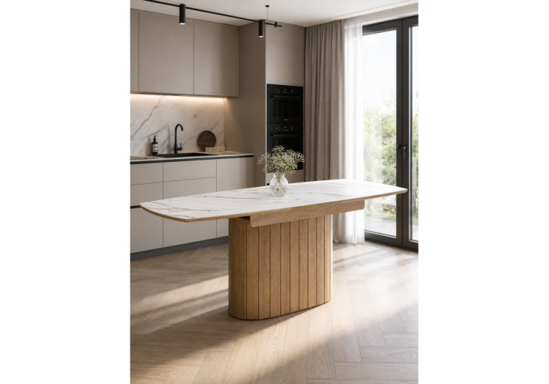 Керамический стол Люмен 140(180)х80 белый с прожилками gilt white / дуб американский (80x76,5)